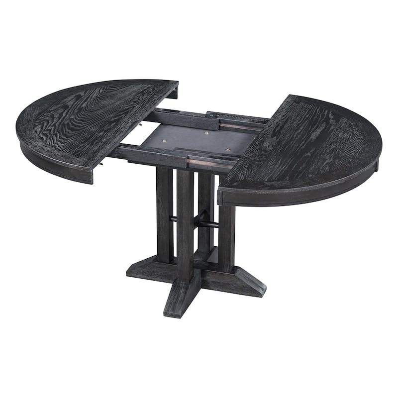 Farmhouse 5-Piece Dining Set with Extendable Round Table and 4 Upholstered Chairs for Kitchen or Dining Room