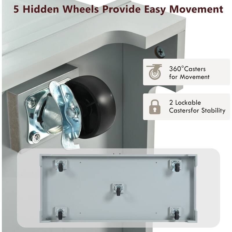 48.50'' Fluted Kitchen Island with Power Outlet, Rolling Wheels, 3 Drawer, 3 Open Side Racks and 10 Gallon Garbage Bin