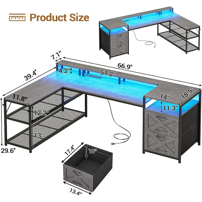 67" L Gaming Shaped Desk Storage Shelves Power Outlet 2 Drawers
