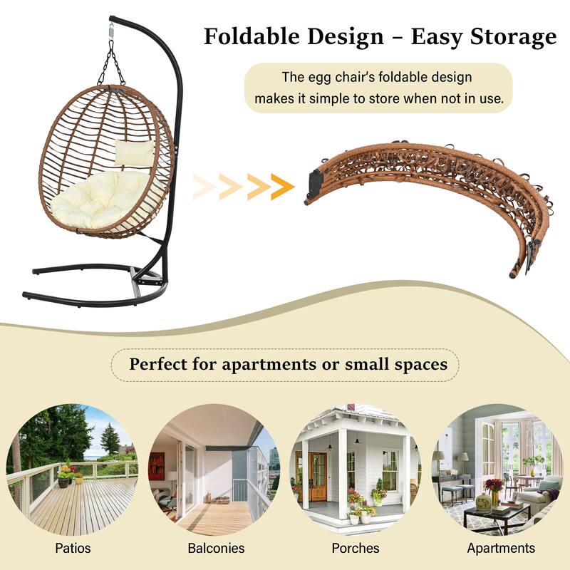 Single Person Folding Egg Chair with Stand - Hanging Wicker Hammock Swing with Adjustable Feet for Balcony, Garden, Bedroom