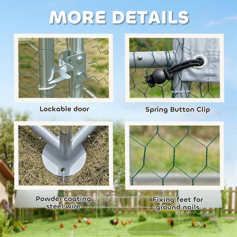 Galvanized Steel Chicken Run with Lockable Door and Roof Protection - 9.2'W x 31.2'D x 6.5'H