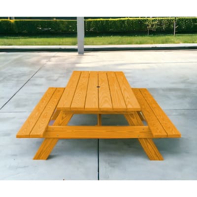 HomeRoots 94" Natural Solid Wood Outdoor Picnic Table with Umbrella Hole