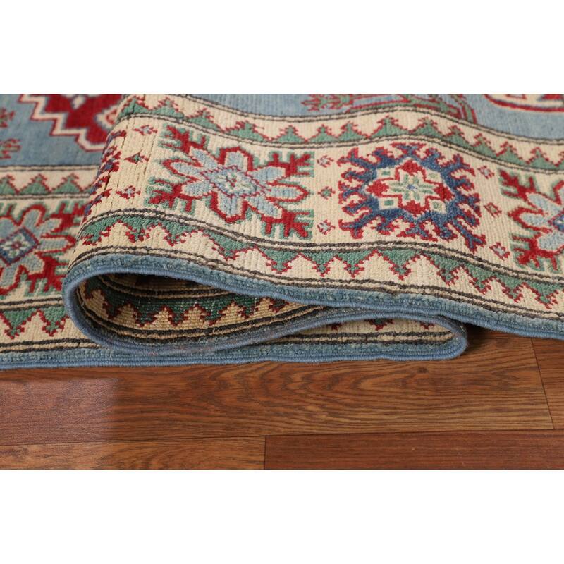 Light Blue Geometric Kazak Rug Hand-Knotted Oriental Wool Carpet - 4'11" x 6'8"