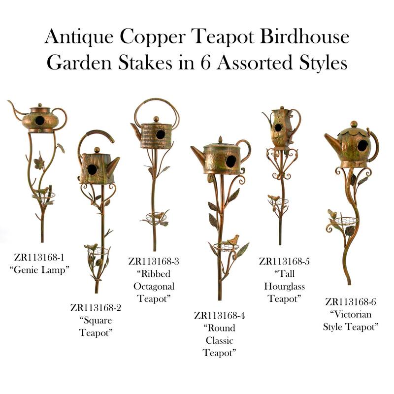 Antique Copper Teapot Birdhouse Garden Stake "Ribbed Octagonal Teapot" - 10.75" L x 8.5" W x 65" H