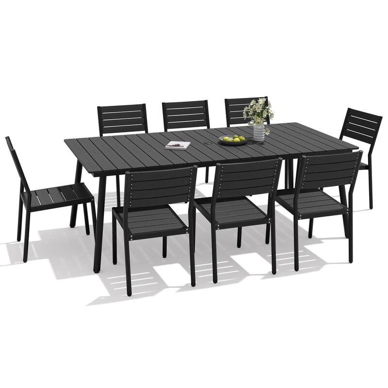 9-Piece Outdoor Patio Dining Set Wood-Like Table Top Alumium Umbrella Hole Table with Stackable Armless Chairs