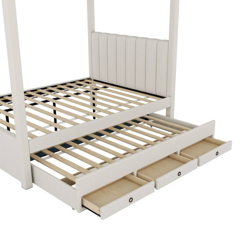 Full Size Upholstered Canopy Platform Bed with Trundle and Storage Drawers in Beige