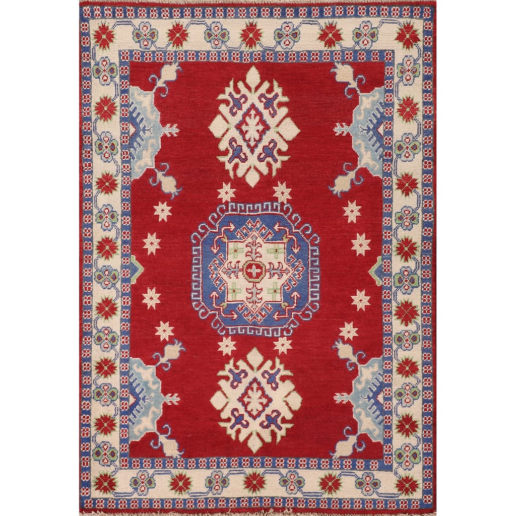 Red Kazak Rug Handmade Geometric Wool Carpet - 3'5"x 5'1"