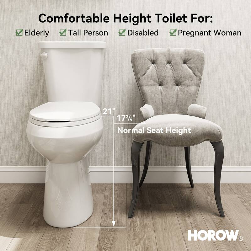 HOROW 21 Inch Extra Tall 2 Piece High Efficiency Single Flush Elongated Toilet White 1.28 GPF Strong Flush Seat Included
