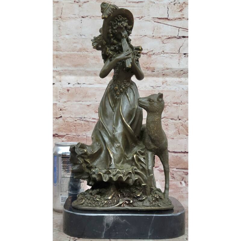 Bronze Girl Playing Flute With Deer On Marble Base By Aldo Vitaleh