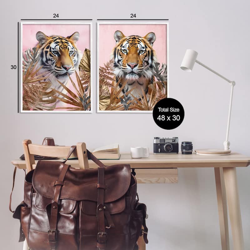 Stupell Fierce Tigers & Gold Leaves Framed Giclee Art Design By Kim Allen (Set of 2)