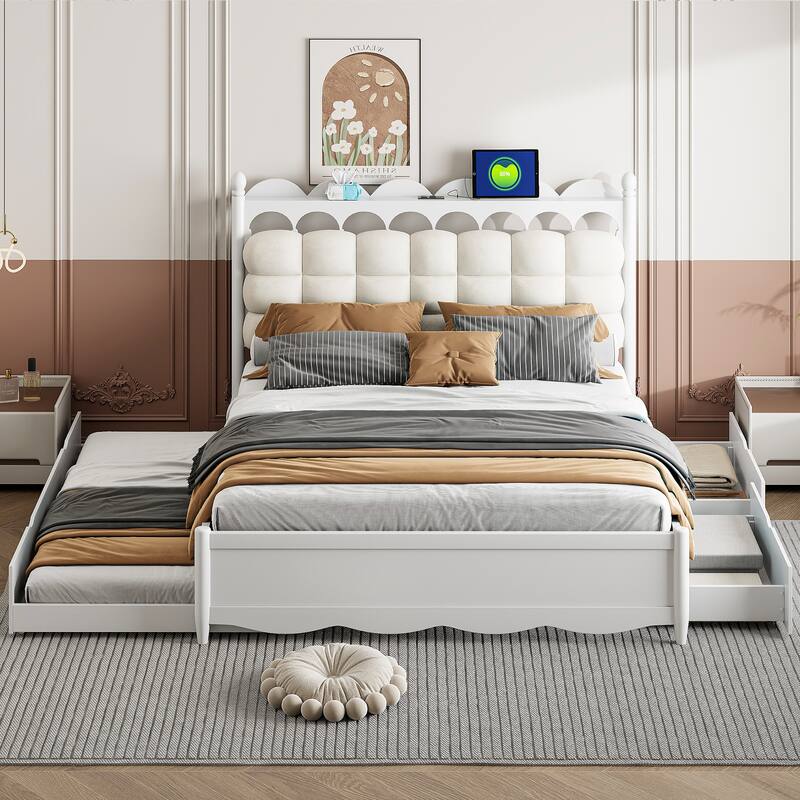 Queen Size Wooden Platform Bed Frame with Trundle, 2 Big Drawers and USB Ports, Stylish and Functional Bedroom Furniture