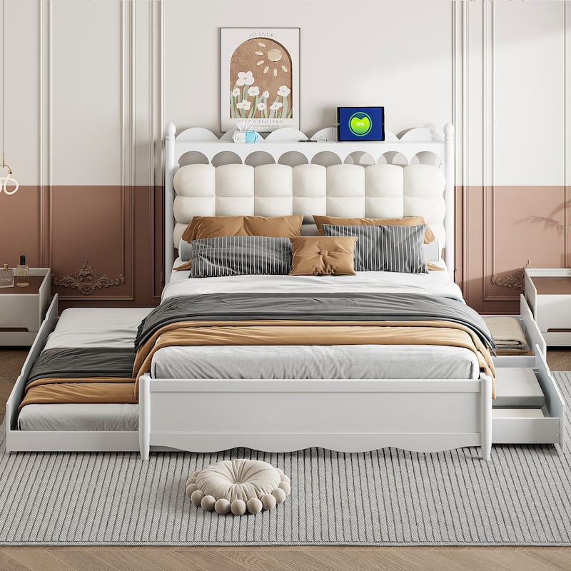 Queen Size Wooden Platform Bed with Sockets and USB Ports, Solid Pine Wood Storage Bed Frame with 2 Drawers and Twin XL Trundle