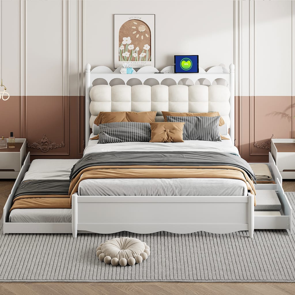 Queen Size Wooden Storage Platform Bed with 2 Drawers, Trundle, USB Ports & Sockets, White