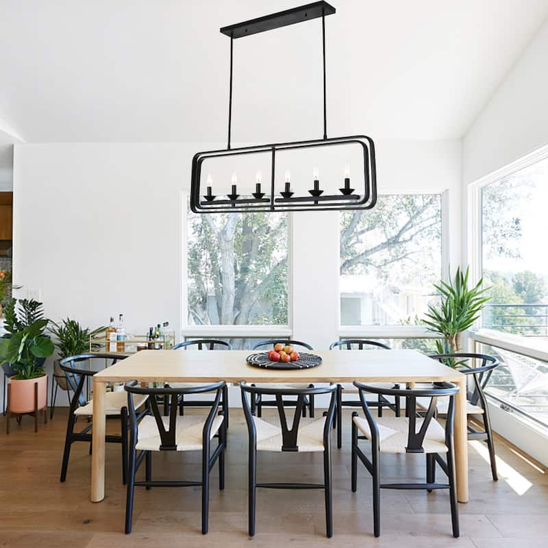 CurveCurio 42" Modern Matte Black Flush Mount Adjustable Dining Light, 6-Lights Fixture with Two Dwonrod for Dining Room