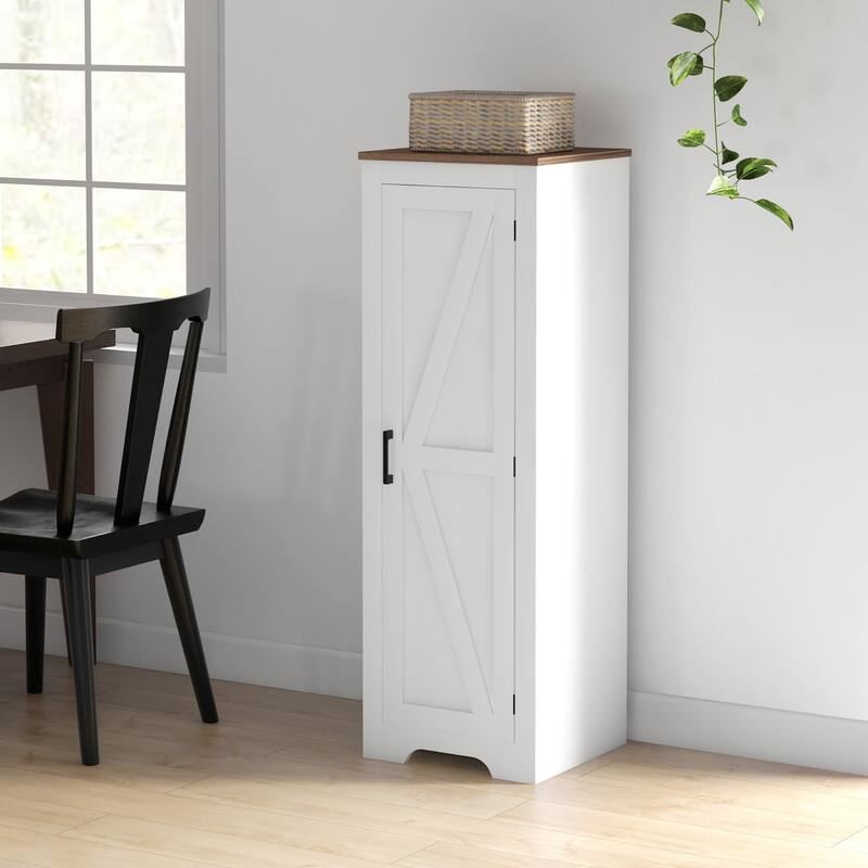 Farmhouse Storage Cabinet with Barn Door and Adjustable Shelf - White