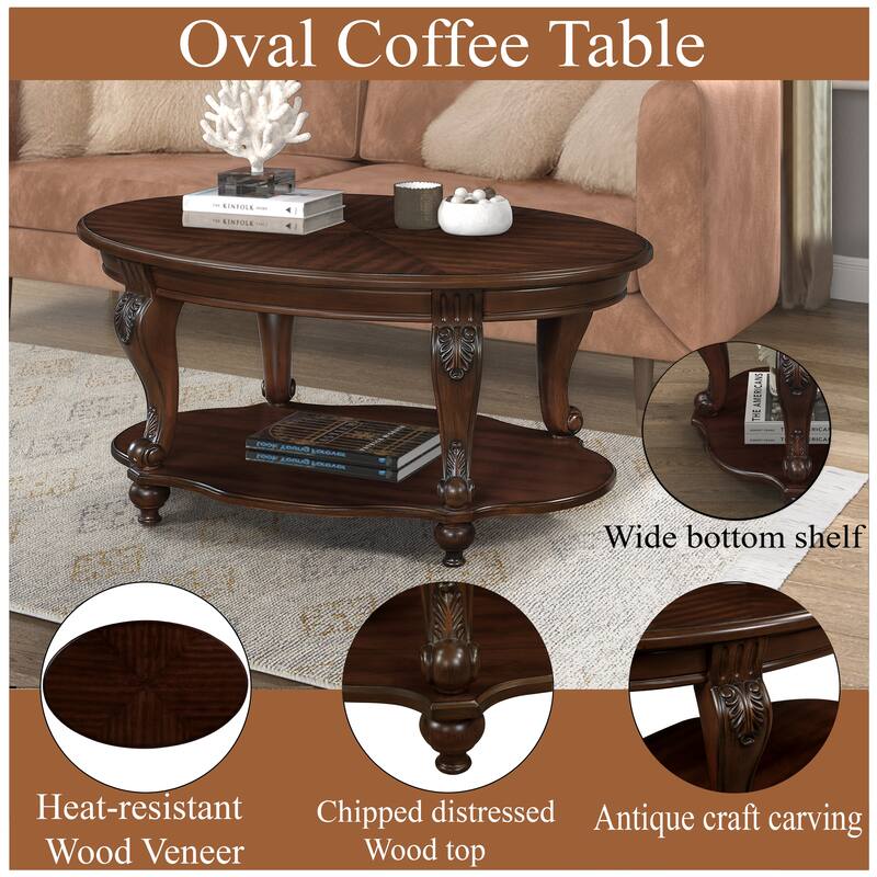 42" Oval Wood Coffee Table for Living Room,2-Tier Solid Wood Cocktail Table with Open Storage Shelf, Easy Assembly