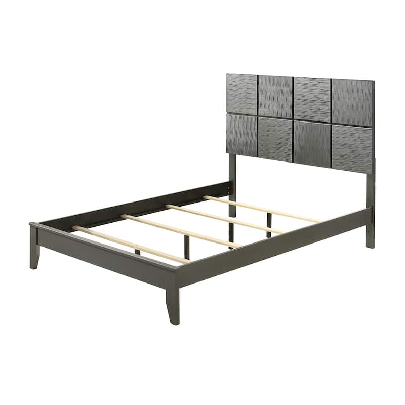 Full Size Bed with Geometric Paneling Headboard in Gray Gun Metal Finish