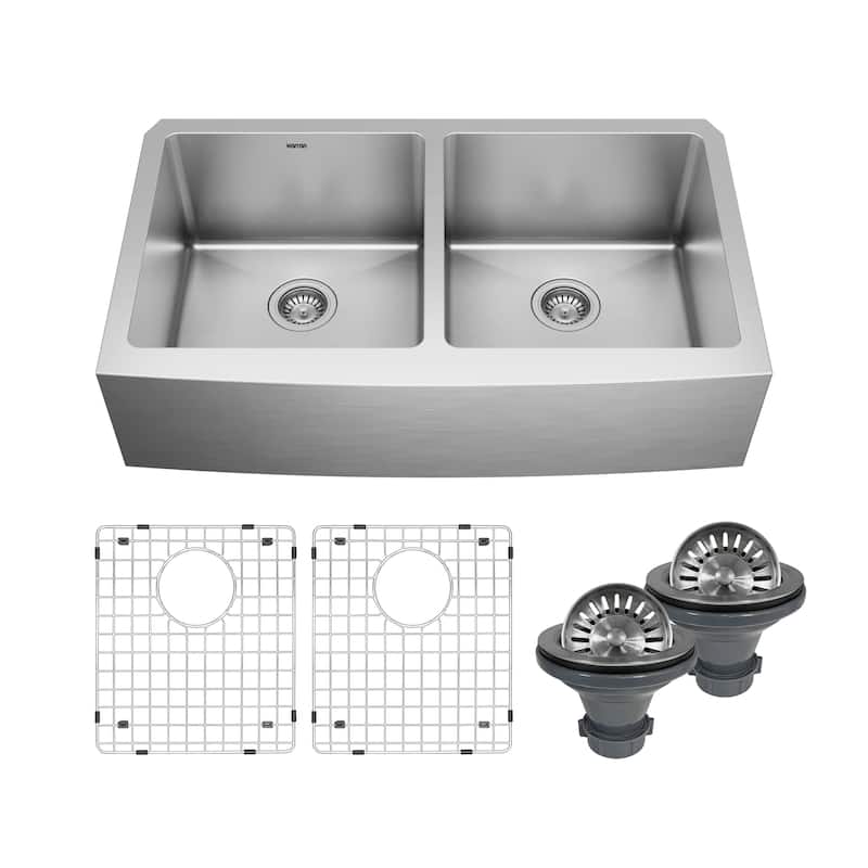 Karran Elite Apron-Front Stainless Steel 36 in. 16-Gauge Double Bowl Farmhouse Kitchen Sink Kit