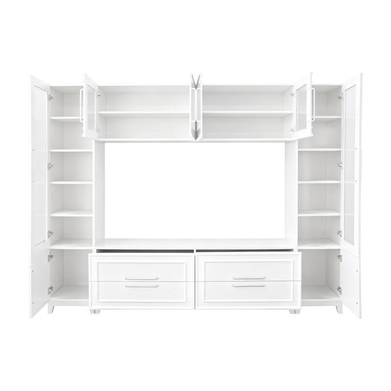 Modern 102" W Wall Unit Entertainment Center for TVs up to 75", Large Media TV Console with Glass Doors and Drawers