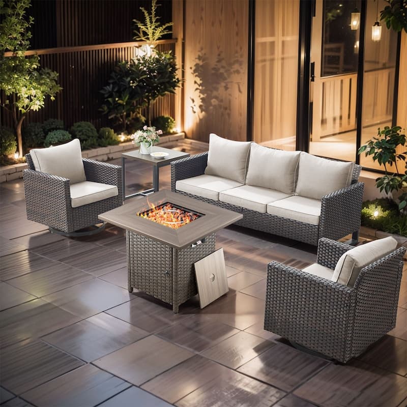 5 Pieces Fire Pit Table with Sofa Swivel Chair Set - Brown Wicker - Beige cushion
