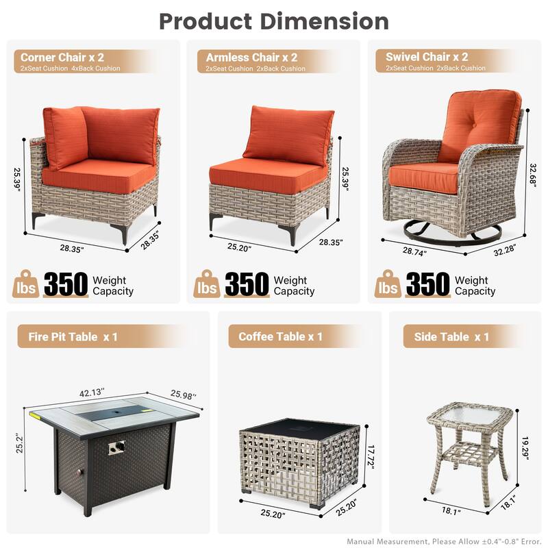 HOOOWOOO 9-piece Wicker Outdoor Patio Furniture Fire Pit Set with Swivel Chairs