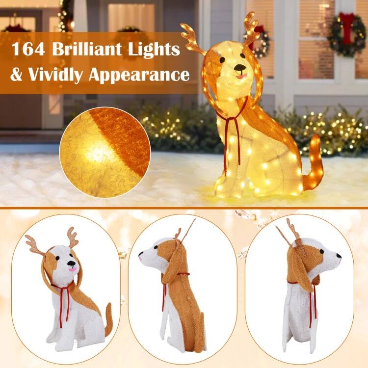 43.5 Inch Lighted Christmas Dog with 164 LED Lights Antlers and Scarf - Brown - 34.5" x 20" x 43.5"(L x W x H)