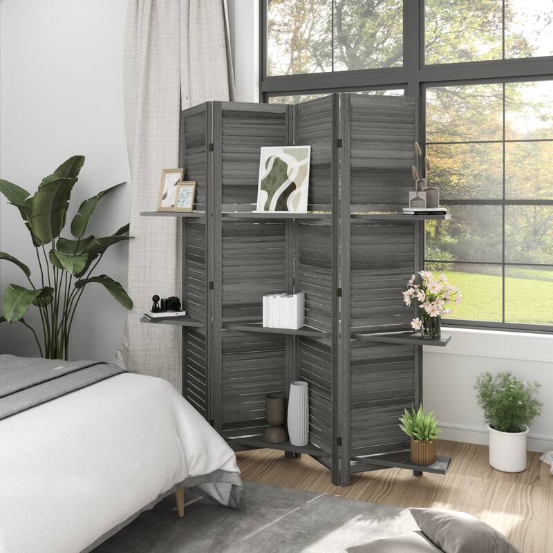 HOMCOM Blinds Style 4-Panel Wood Room Divider, 67'' Tall Folding Privacy Screen Panels Gray - 8' x 10'