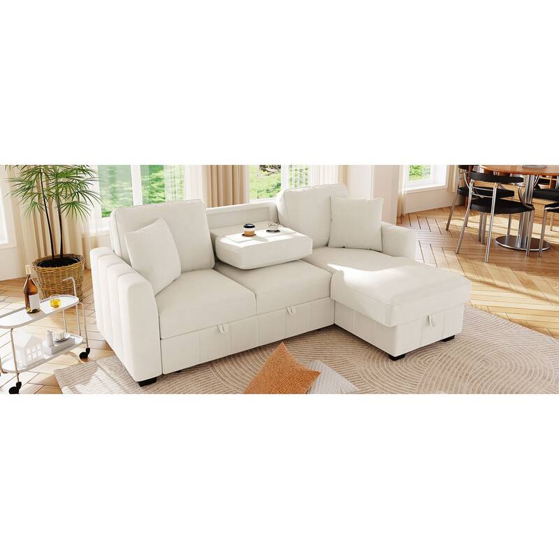 Roomfitters 90" L-Shaped Sectional Sleeper Sofa with Storage Chaise and Pull Out Bed, Fold Down Cup Holder Table