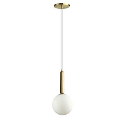 1 Light Incandescent Pendant, Aged Brass with White Glass