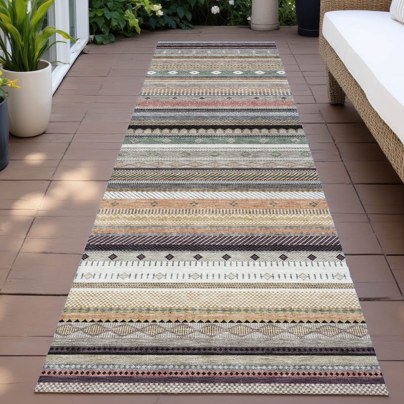 Machine Washable Indoor/Outdoor Boho Stripes Chantille Rug - Khaki - 2'3" x 7'6"