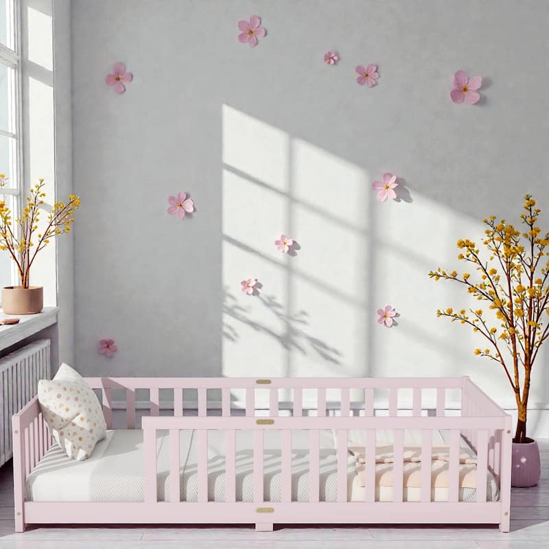 Floor Bed with Fence, Solid Rubber Wood Montessori Floor Bed with Safety Guardrails