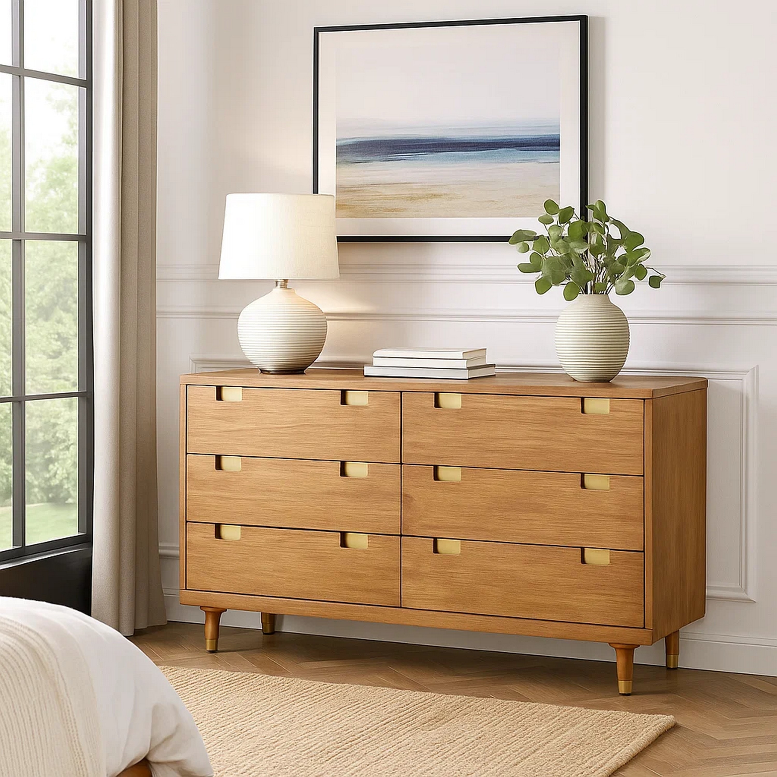 60 Inch 6 Drawer Wooden Dresser with Cutout Pulls, Brown