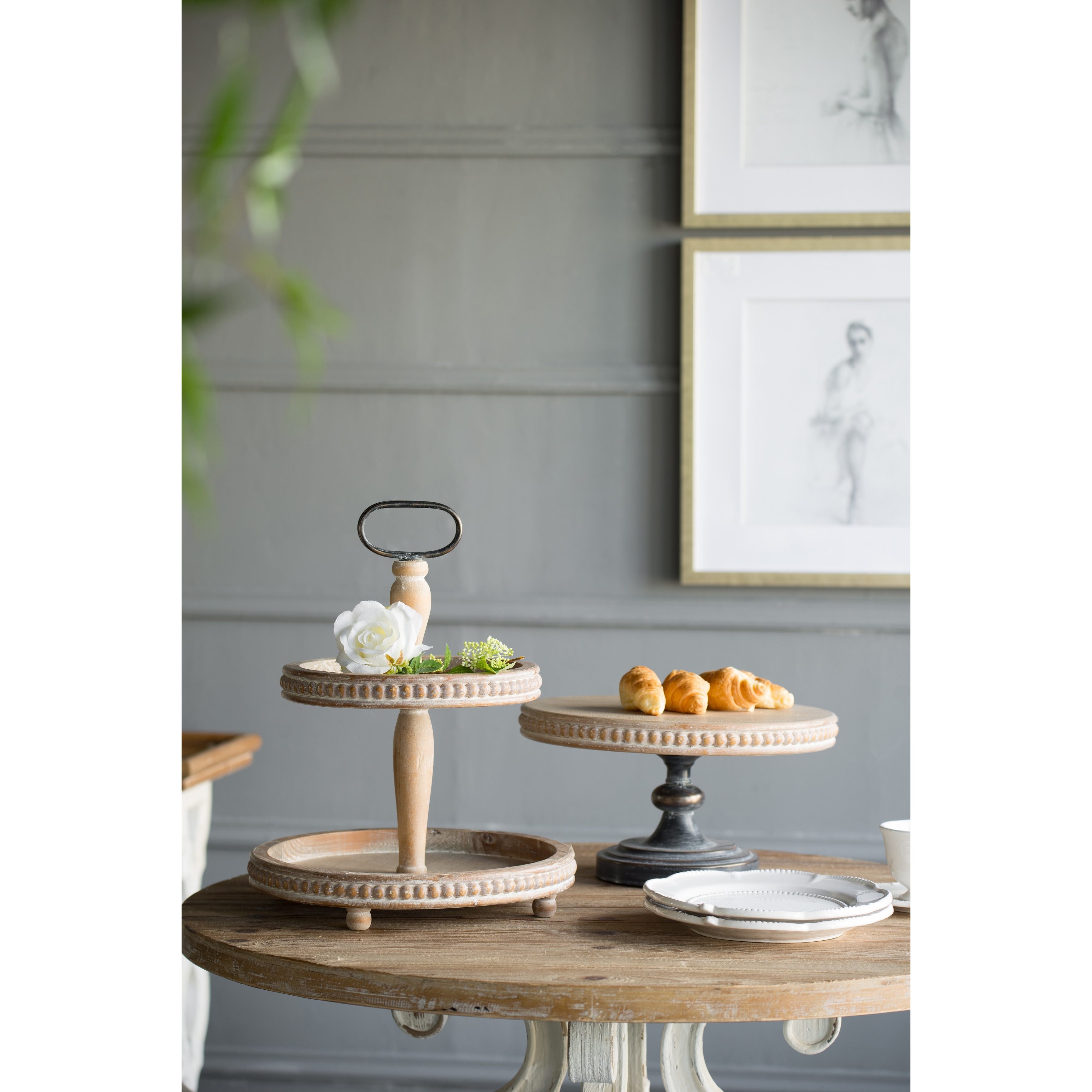 A B Home Whitewash Tan 2 Tier Wood Bead Trim Tray Overstock 29674834
