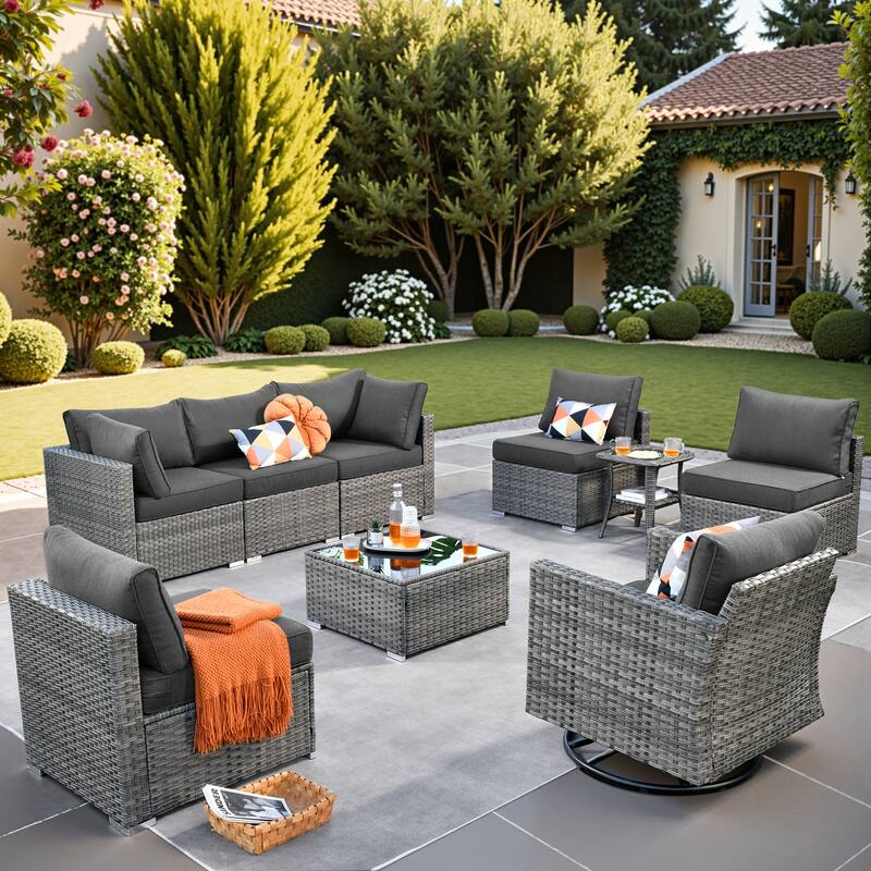 HOOOWOOO 9-piece Grey Wicker Patio Outdoor Sectional Set with Swivel Rocking Chair - Black