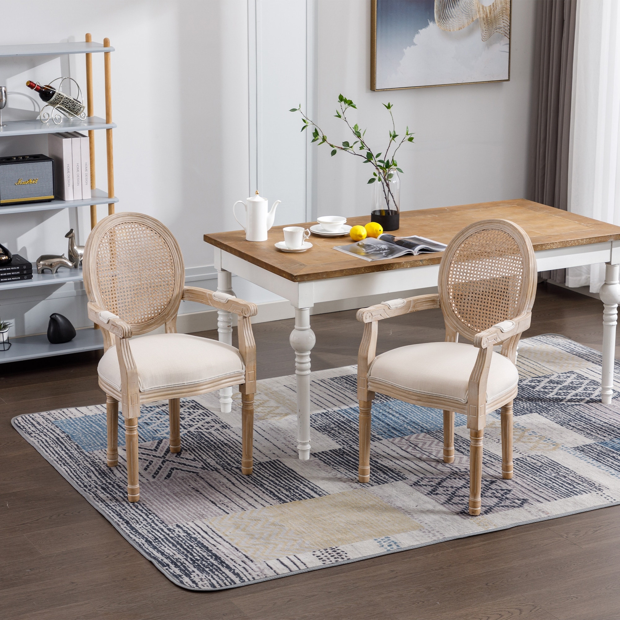 French Vintage Upholstered Fabric Dining Armchair Set of 2 Beige Cream