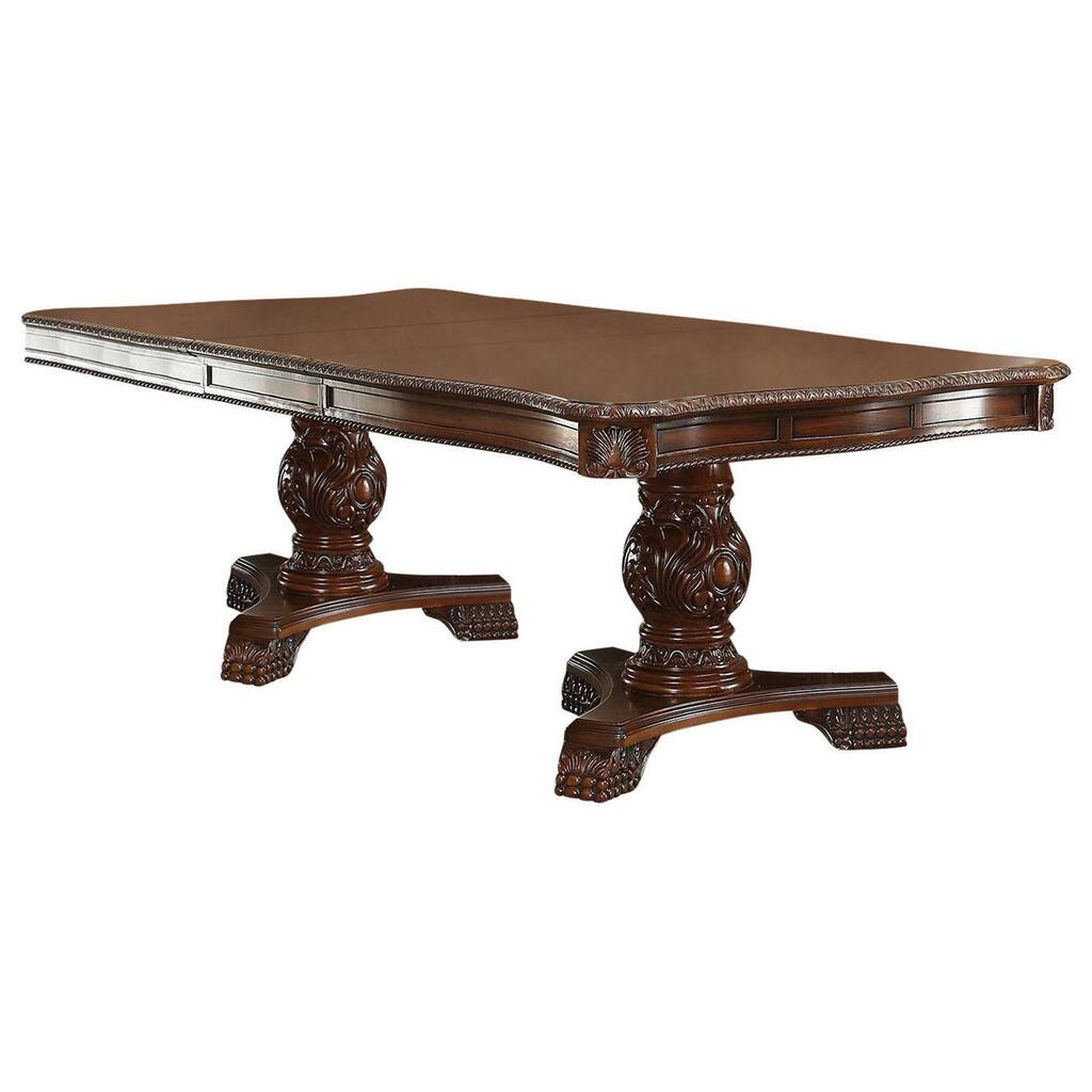 Rose 80-120 Inch Dining Table, Brown Wood, Extension Leaves, Carved Trim