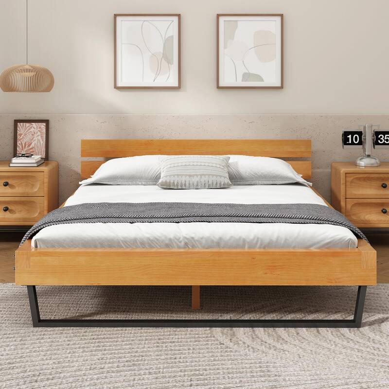 Pine Wood Bed Frame, Natural & Black Color - Natural+Black - Queen