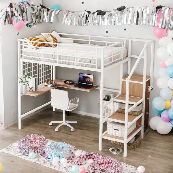 slide 2 of 13, Full Size Loft Bed With Desk,Lateral Storage Ladder and Wardrobe for Home White