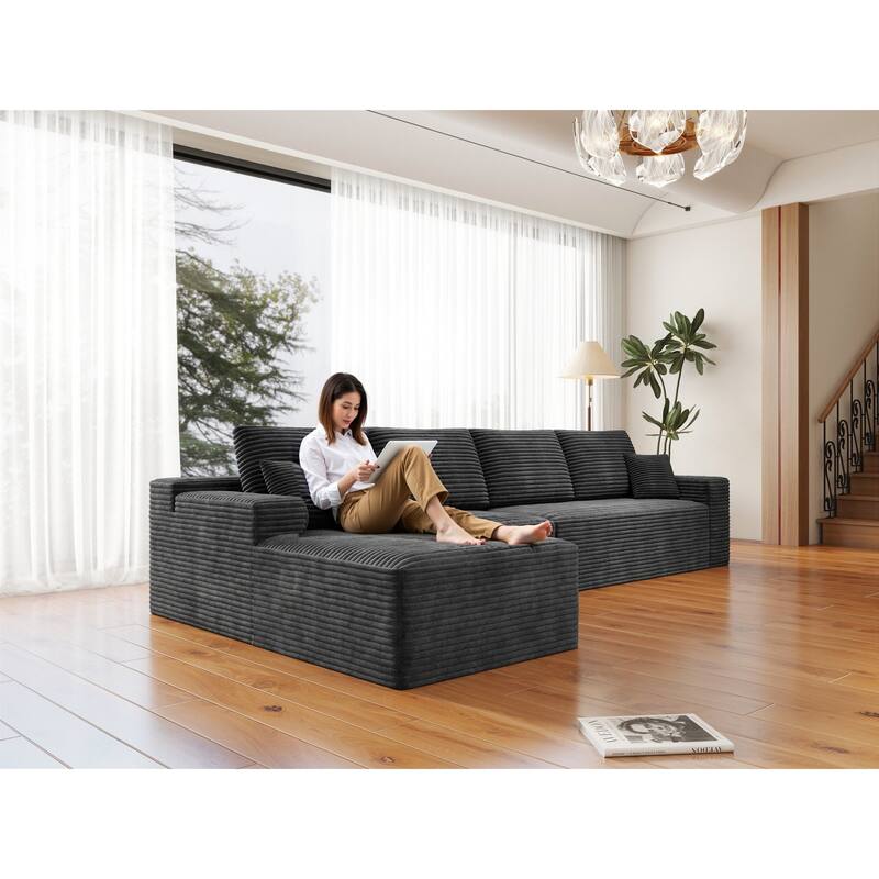 Roomfitters 131.9" Modular Sectional Sofa, 4-Piece Compressed Cloud Couch, No Assembly Required, Plush Corduroy, Grey
