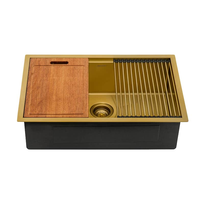 Ruvati 27 inch Polished Brass Matte Gold Workstation Undermount Kitchen Sink Single Bowl - 27" x 19" - 27" x 19"