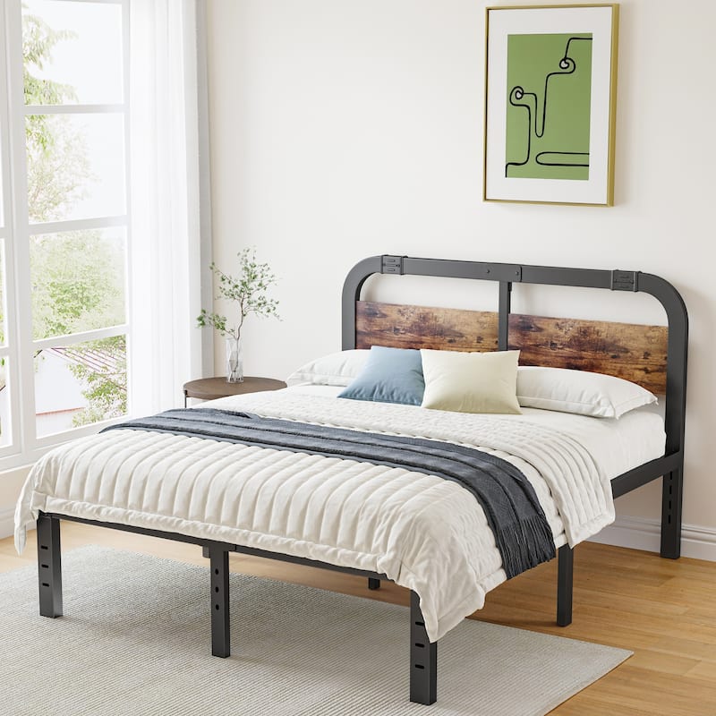 Heavy Duty Anti-Sway 40 Inch Iron Bed With Solid Wood Headboard - King