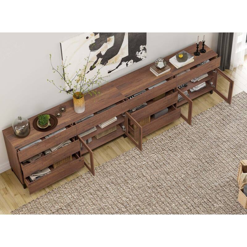 4-in-1 Multifunctional Sideboard Buffet with 8 Drawers & Glass Doors, Modern Credenza with Adjustable Shelf & Metal Base.