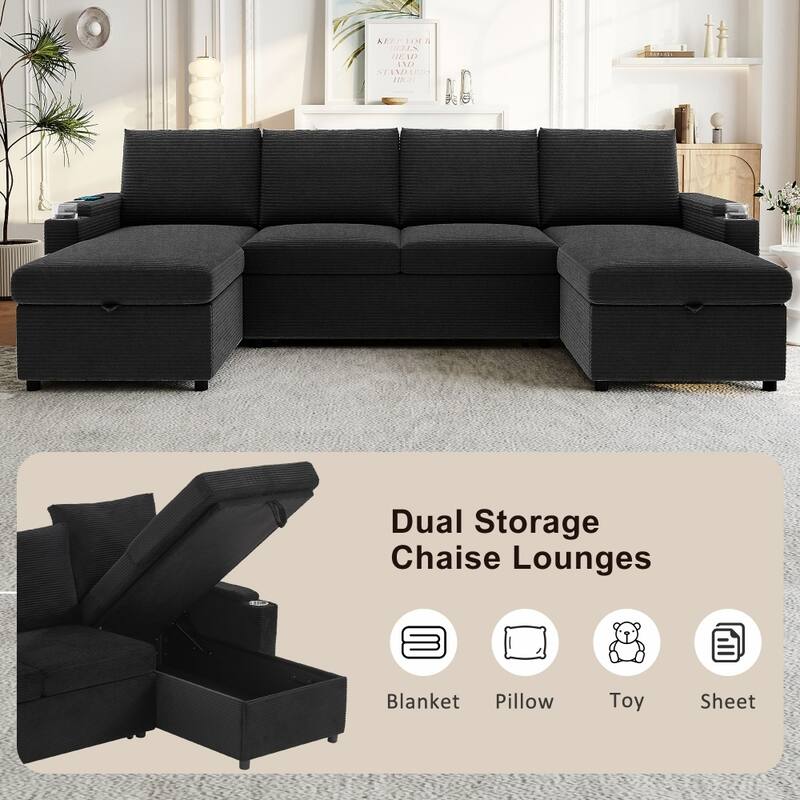 109.5" Convertible Upholstered Sectional Sofa with Storage Chaise Lounges