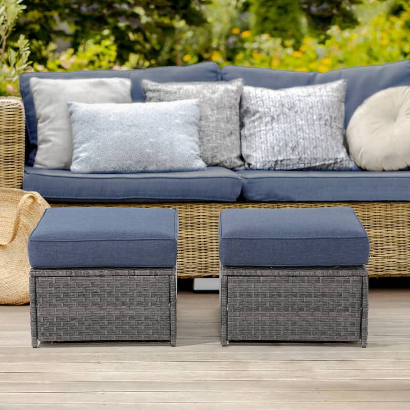 Patio 2 pieces Wicker Cushioned Ottoman - Navy/Grey