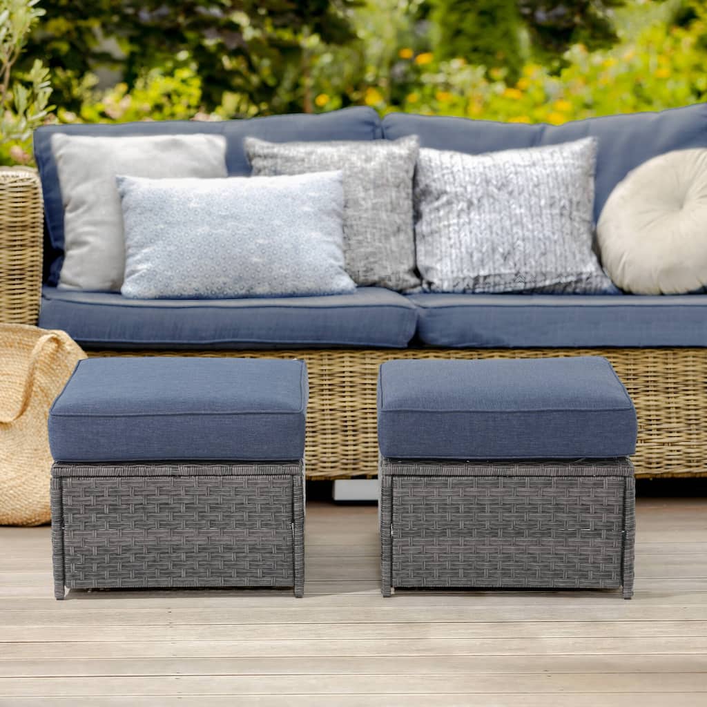 Patio 2 pieces Wicker Cushioned Ottoman