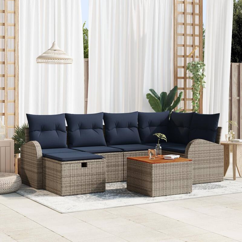 vidaXL 7 Garden Sofa Set with Cushions Black/Grey Poly Rattan - 92.1 x 48.8 x 27.2 - Grey
