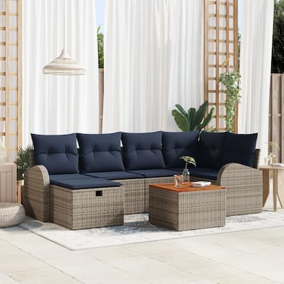 vidaXL 7 Garden Sofa Set with Cushions Black/Grey Poly Rattan - 92.1 x 48.8 x 27.2