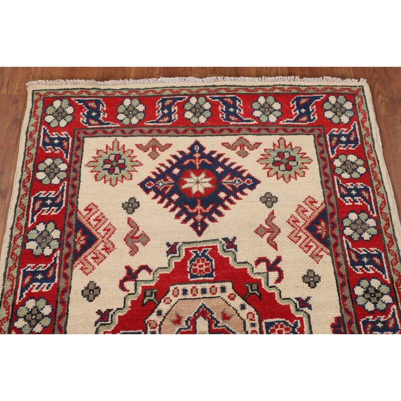 Beige Geometric Kazak Foyer Rug Hand-Knotted Wool Carpet - 2'9" x 4'1"
