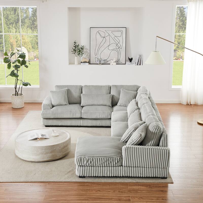 U-Shaped Sectional Sofa with Chaise Lounge, Oversized Corduroy Upholstered Sofa, 5 Seater Sofa with Removable Throw Pillows