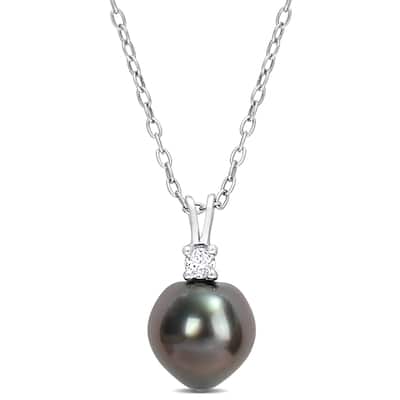 Miadora 8-9mm Black Tahitian Cultured Pearl 1/10 CT TGW White Topaz Necklace Sterling Silver